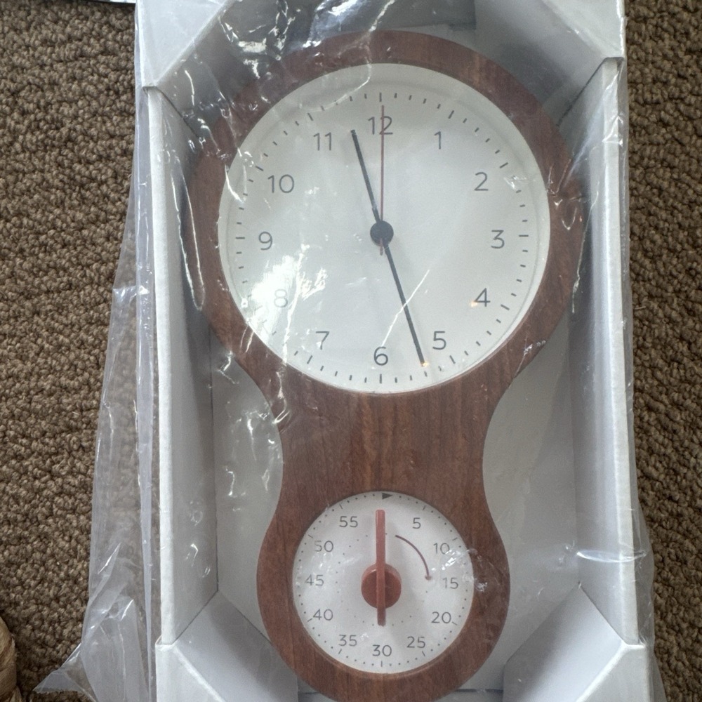 Hearth & Hand Faux Wood & Brass Finish Kitchen Clock With Timer
